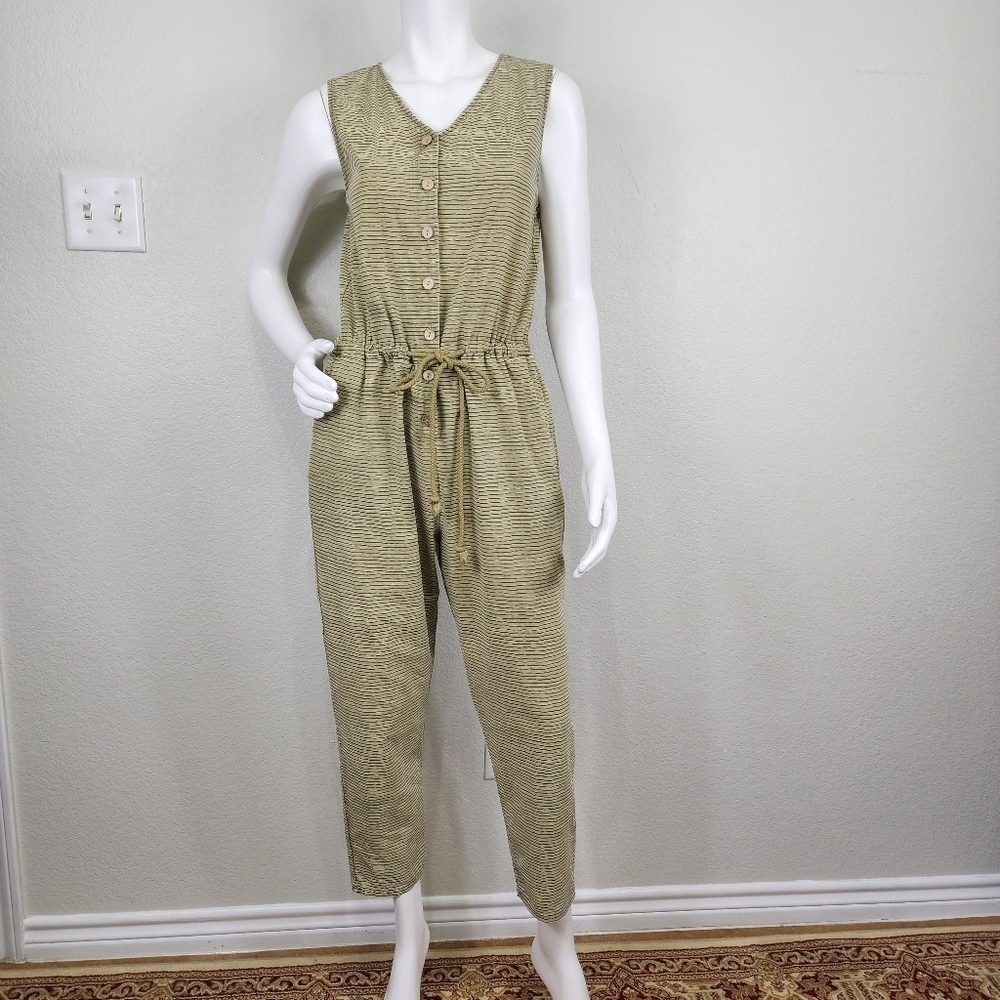 Easel Green Black Striped Button Down Drawstring Waist Jumpsuit Size S